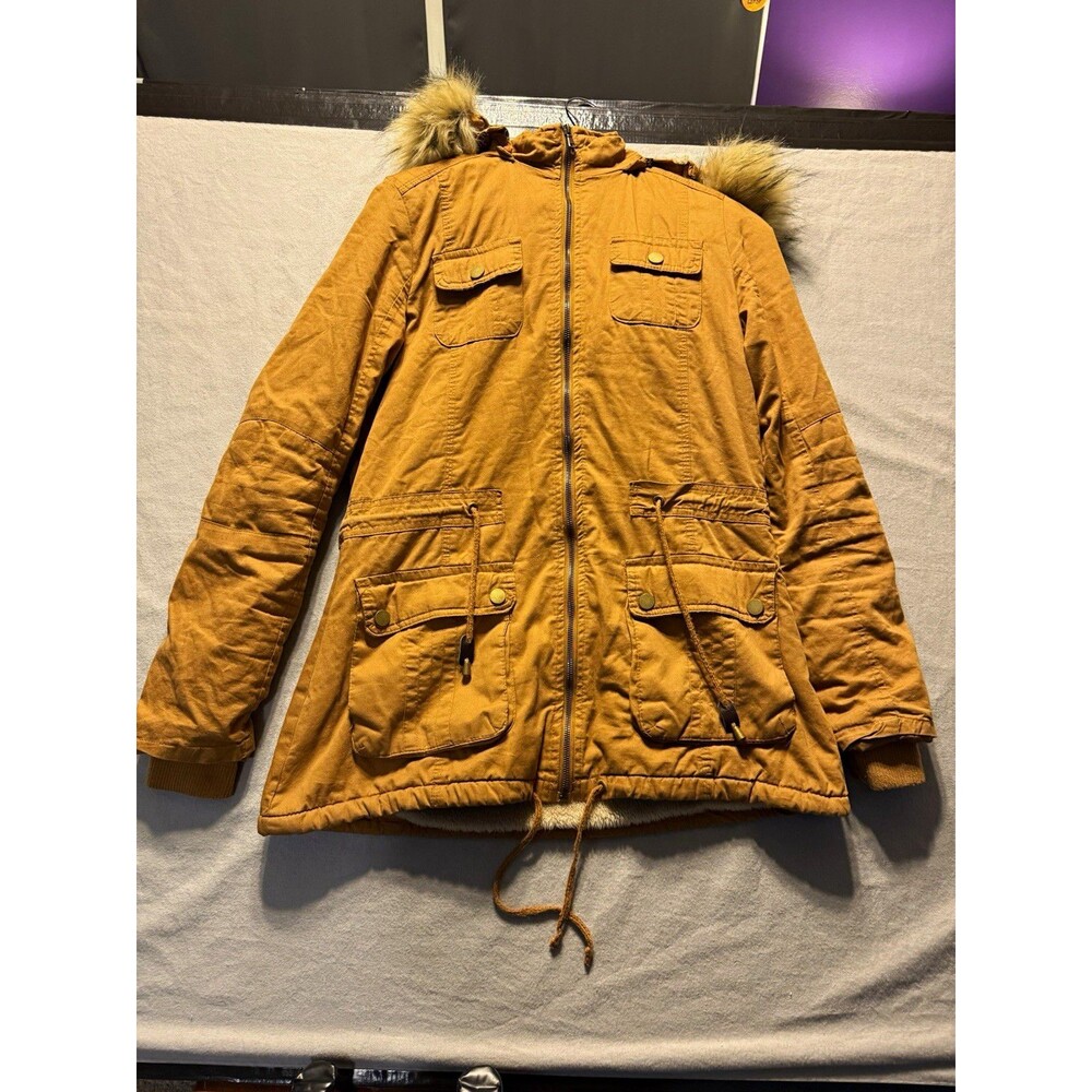 Royalty For Me Women's Brown Hooded Fur Trim Zip Parka Jacket Size M